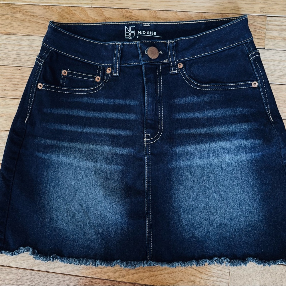 Mid Rise Denim Skirt - Dark Blue Denim with distressed areas Size 7